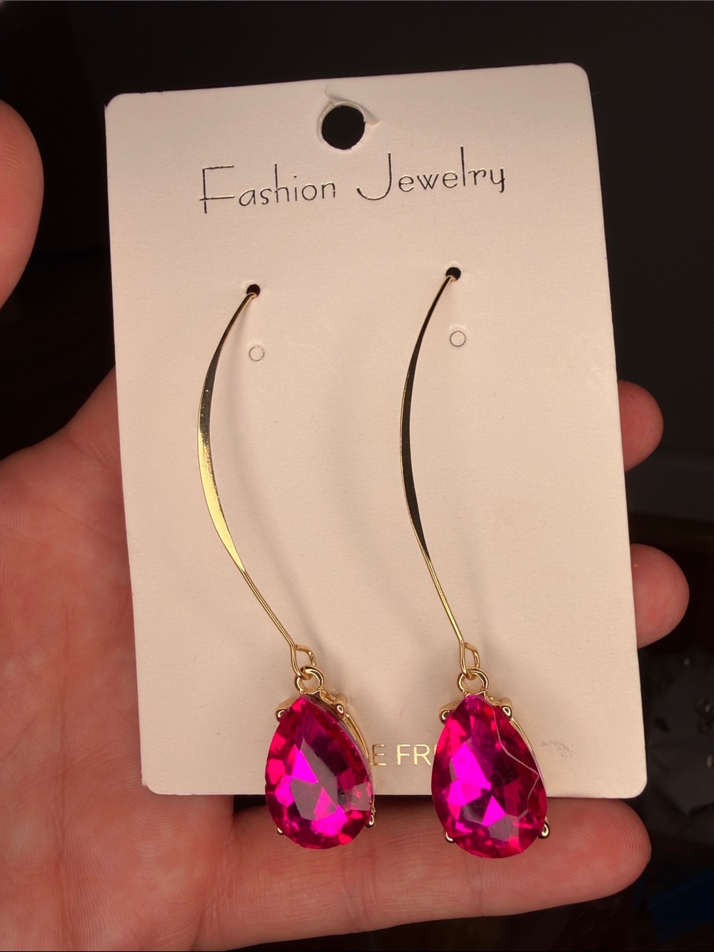 Gold Tone Drop Earrings with Hot Pink Teardrop Crystals